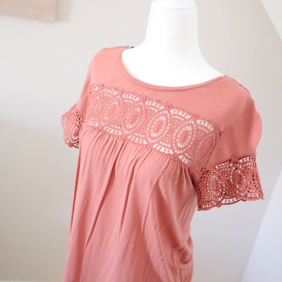 Loft Terracotta Pink Crochet Detail Top Tee XS - Picture 2 of 3